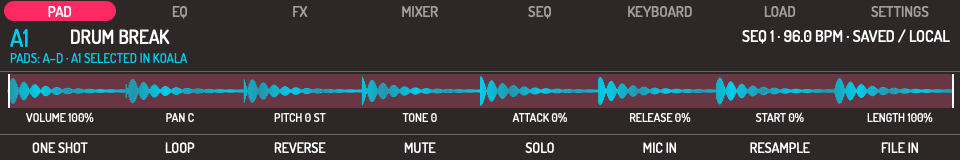 Rendered Push 2 sample screen with a waveform, sample start and end, pitch and volume controls, and a bank indicator.