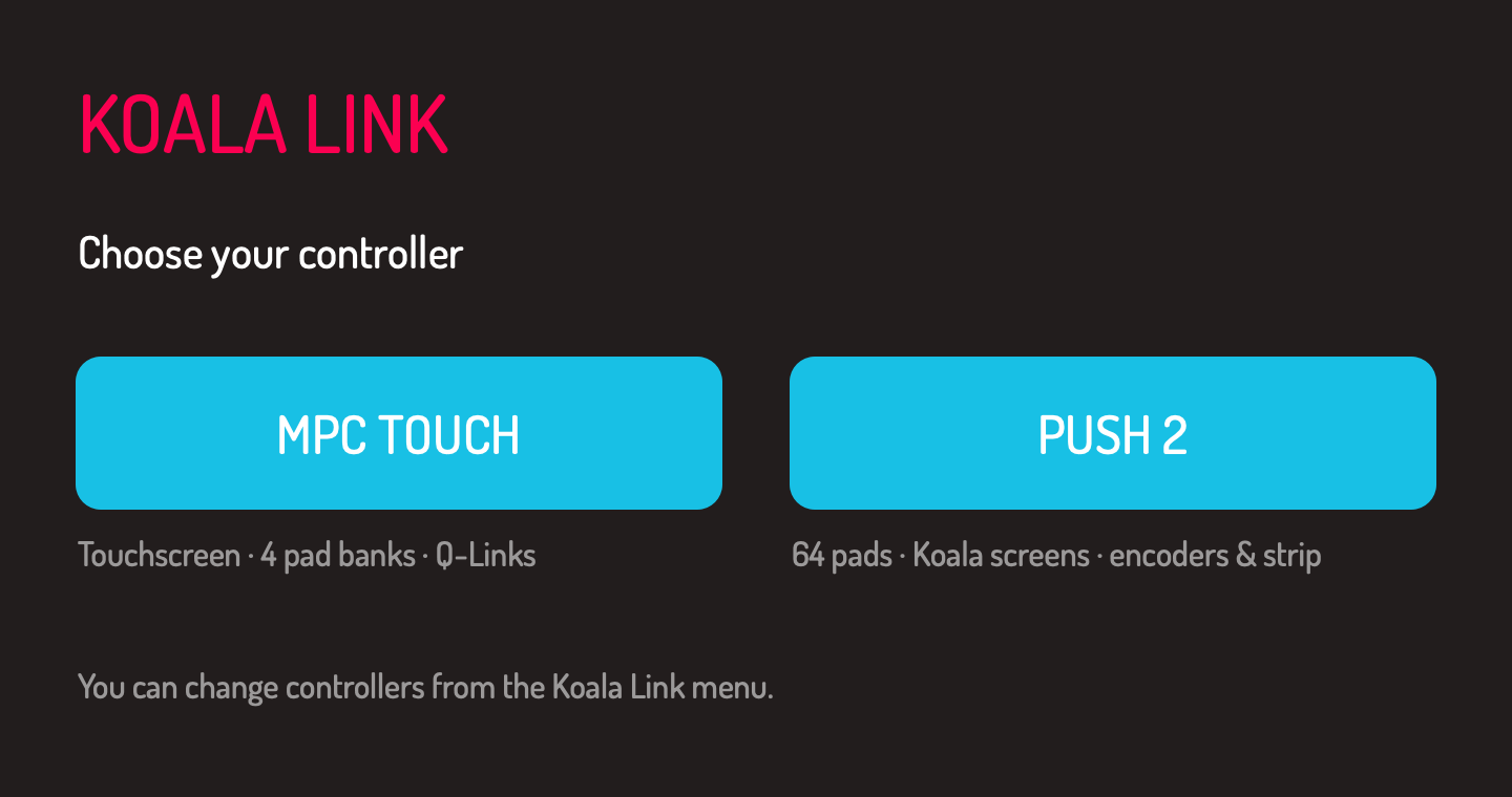 Koala Link's controller picker with MPC Touch and Push 2 options.